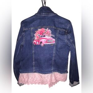 Upcycled Denim Jacket with Pink Car Design